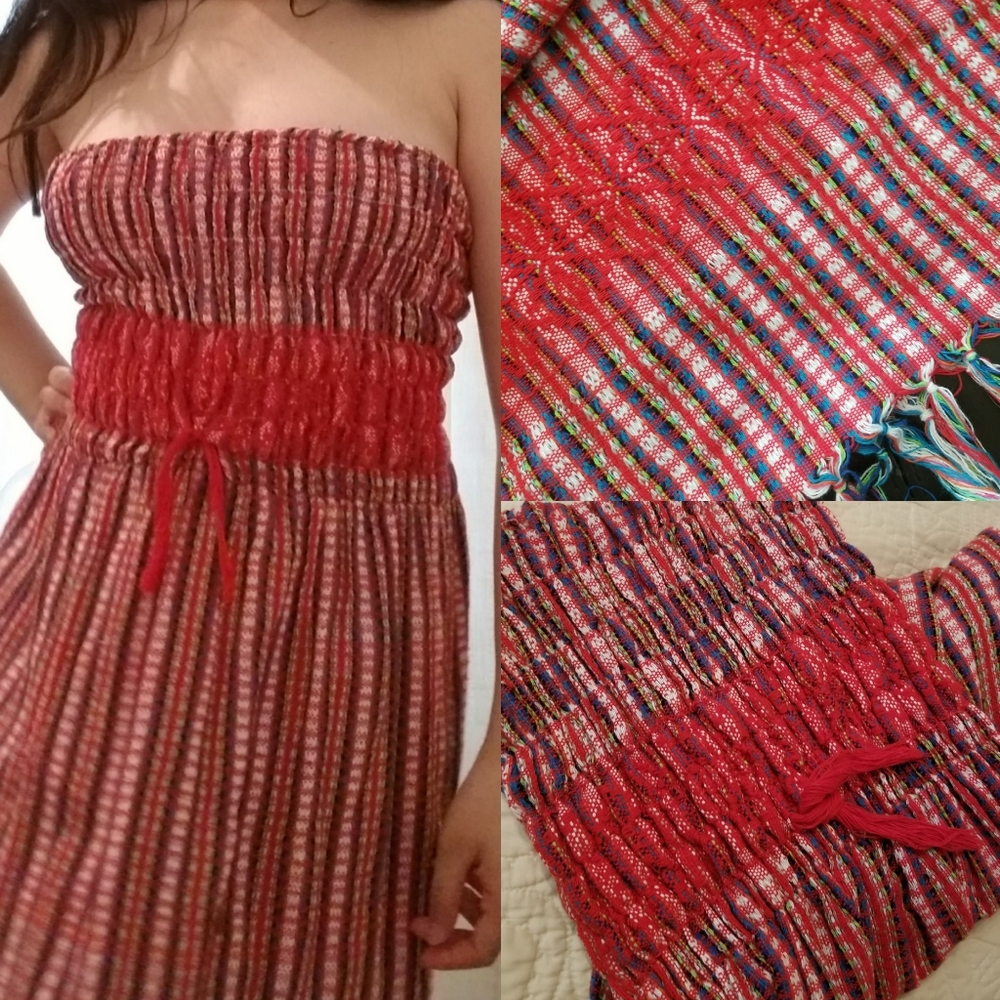 ❗Vintage Hand Woven Strapless Red Blue Dress S/M❗